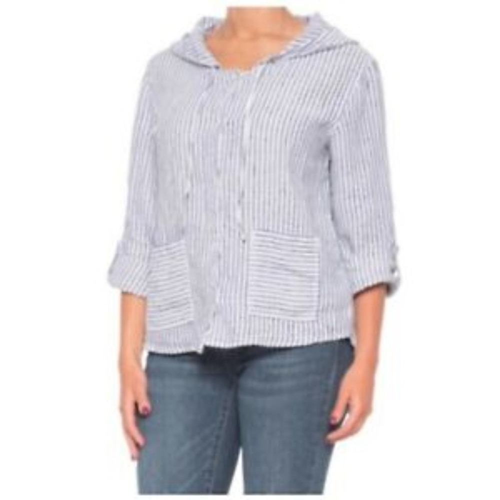 Tahari Womens Blue White Stripedโ 100% Linen Button Down Hoodie Shirt Large